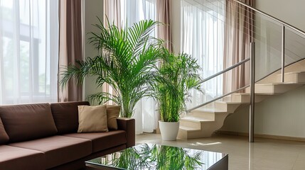 Stylish living room with brown sofa, staircase, and lush green plants. Natural light floods the space