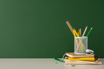 A group of school stationery items on books in front of a green wall