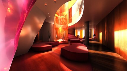 Modern interior with vibrant red seating and abstract orange architectural elements. Open-plan space, natural light