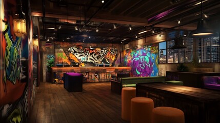 Naklejka premium Club stage designed for a hip hop event with graffiti art backdrops warm spotlighting and powerful speakers The vibe is gritty and urban creating an authentic street party experience