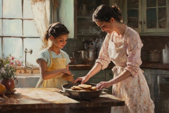 Mom and daughter share a joyful moment while making pancakes in a charming kitchen, Beautiful mom and daughter making pancakes and talking in the kitchen - Powered by Adobe
