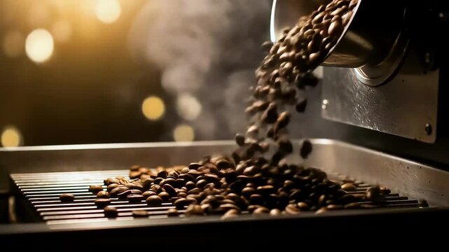 Coffee beans falling into hopper slow motion