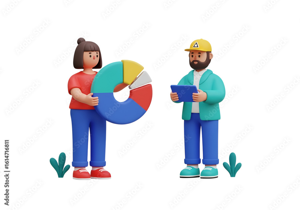 Poster 3d icon of a cartoon team is analyzing business data with a pie chart, isolated on transparent backg