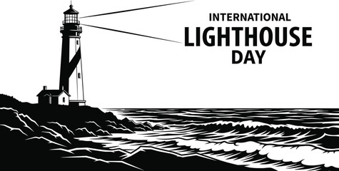 Fototapeta premium A black and vector illustration of a lighthouse a rocky coast with ocean waves for national lighthouse day