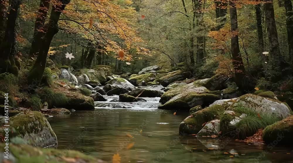 Poster a scenic view of a river flowing through a lush forest with rocks and autumn foliage trees view