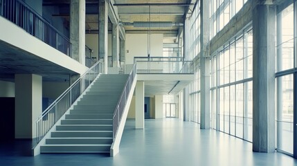 A wide, modern interior with a staircase, balconies, and large windows bringing in natural light