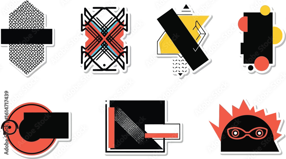 Poster a collection of abstract geometric shapes and designs with various colors and textures.