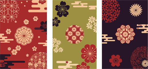 Three vibrant panels showcasing floral patterns, clouds, and geometric designs in rich colors. © Ikhbal