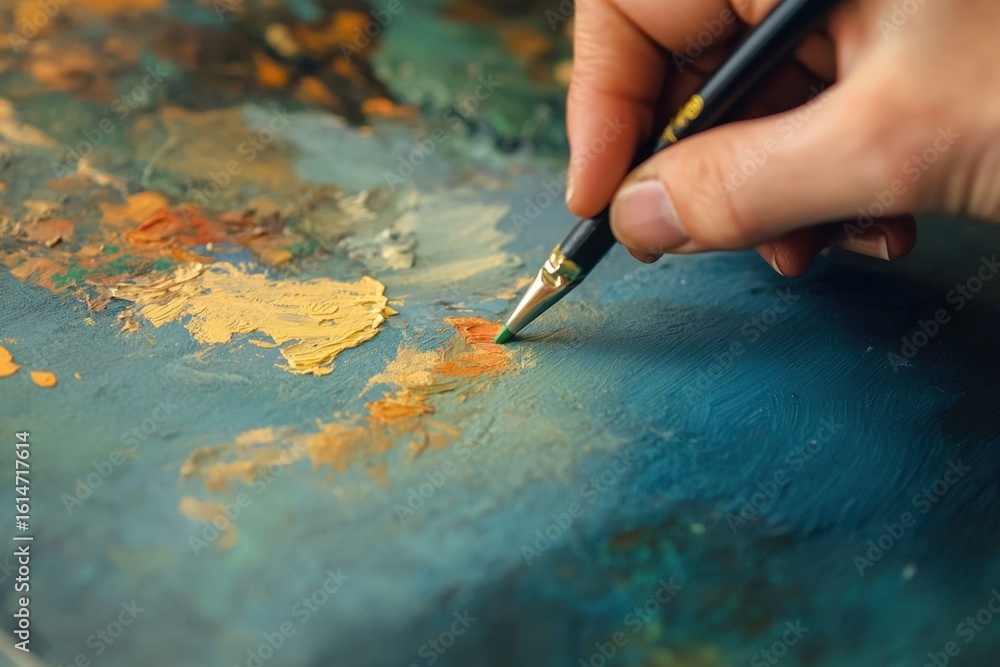 Poster close up of a designer selecting paint color with fine brush on canvas in a creative studio setting,