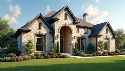 Elegant Texas home featuring traditional architecture, stone facade. Manicured lawn with vibrant flowerbeds, professional landscaping enhances curb appeal. Property offers luxury suburban living with
