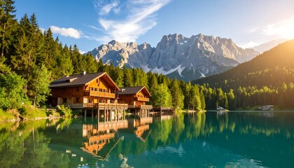 Obraz premium Calm lake reflecting wooden houses nestled amongst lush forest and majestic mountains under a vibrant sunset