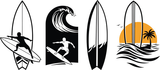 Surfing silhouettes featuring surfers on waves and sunset scenes.