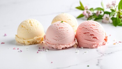 Pastel-colored ice cream scoops melting on white marble with sprinkles and tiny flower