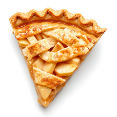 A slice of apple pie with a golden lattice crust and caramelized filling.