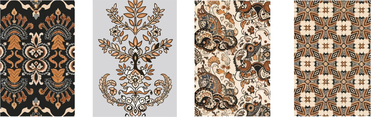 Four panels of intricate, patterned textile designs, showcasing various floral and geometric motifs in warm tones.