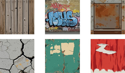 Collection of six textured backgrounds showcasing weathered wood, graffiti-covered walls, rusted metal, cracked concrete, peeling paint, and distressed fabric.