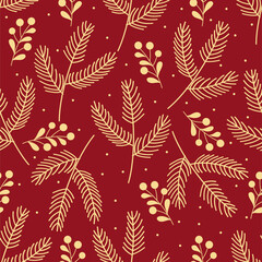 Festive seamless pattern with candy canes, pine leaves, and stars on a deep red background. Ideal for Christmas projects and holiday designs.