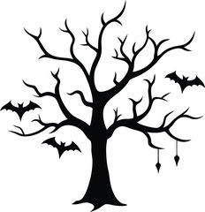 Naklejka premium Spooky Leafless Tree Decorated with Hanging Bats