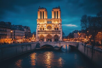 Fototapeta premium Notre Dame de Paris illuminated by twilight against a darkening sky, A fire in Notre-Dame de Paris, France, and the entire building seriously damaged