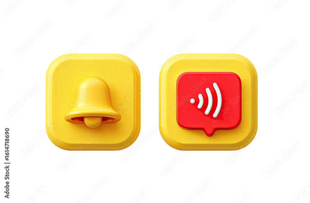 Poster notification bell and message icons in 3d render on transparent background
