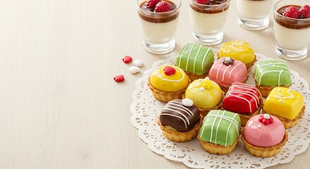  assorted petit fours, meticulously decorated with intricate details and vibrant glazes, arranged on a delicate lace doily on a light wooden table. Soft, cheerful daylight, 
