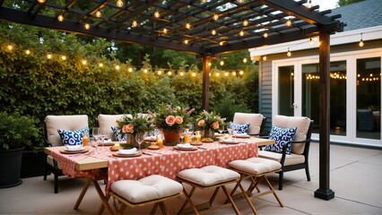 Serene outdoor dining setup under a pergola, warmly lit with decorative string lights at dusk.
