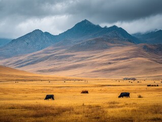 Obraz premium Golden grasslands under a brooding sky, cattle grazing peacefully amidst rolling hills and distant mountains