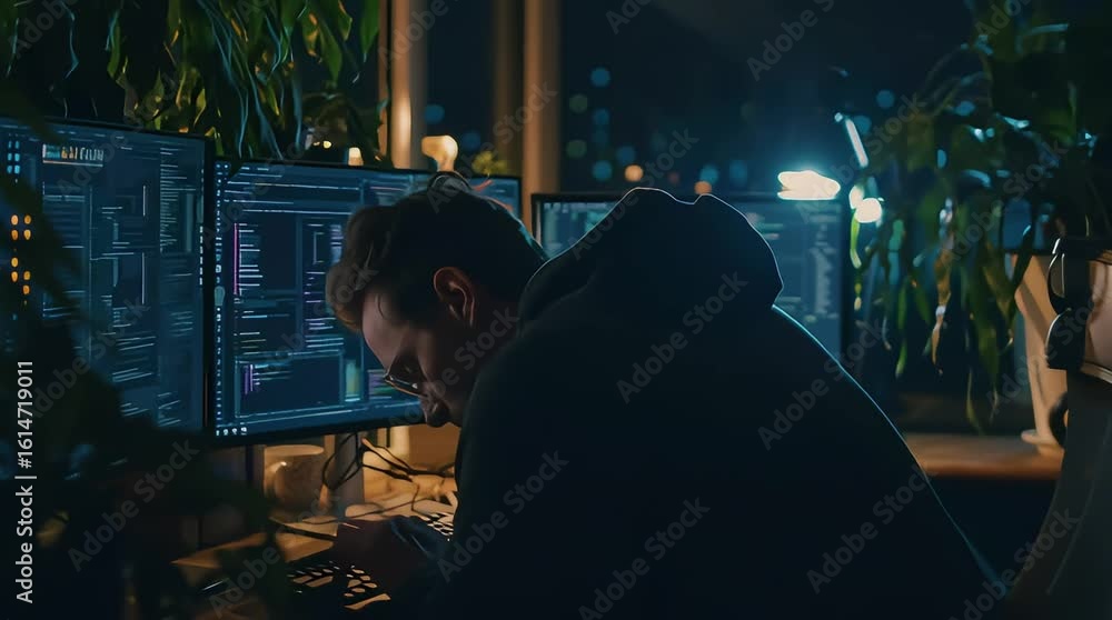 Poster man with glasses working on multiple computer screens with code in a dark room at night time