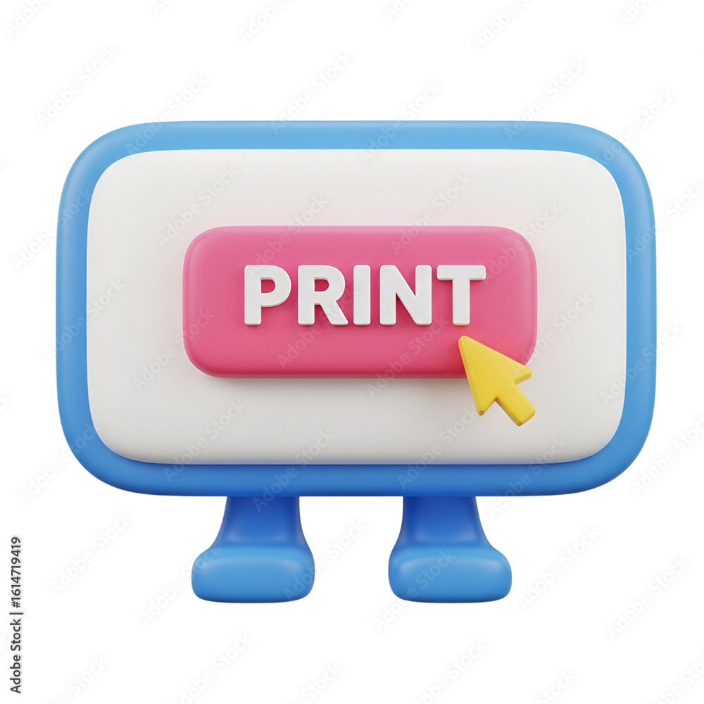 Poster 3d icon of a 3d illustration of a computer screen displaying a pink print button with a yellow curso