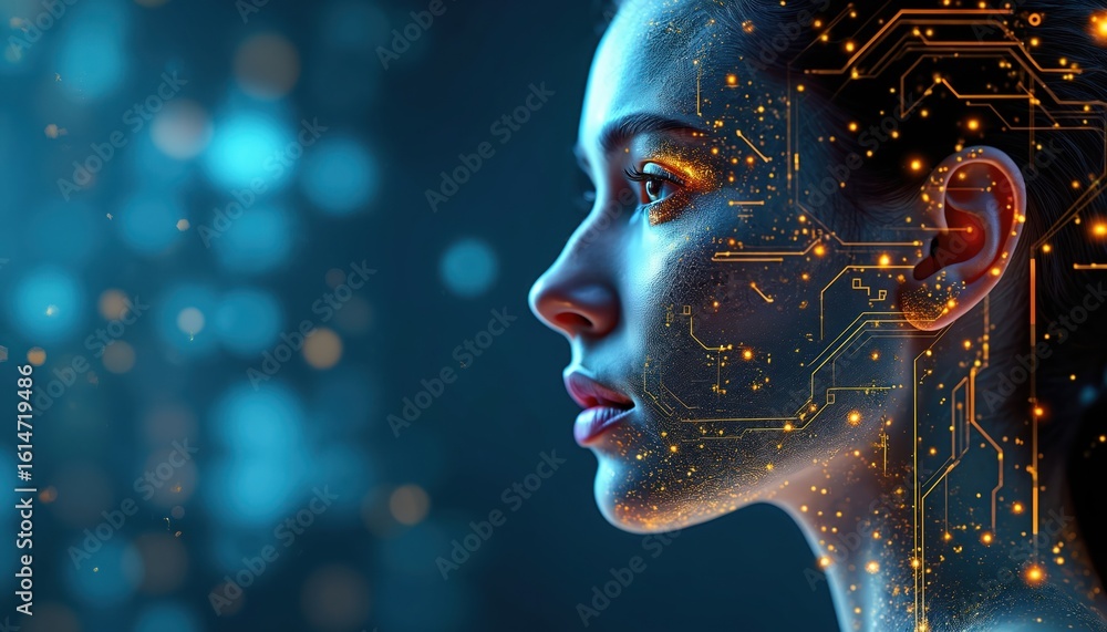 Poster futuristic ai woman profile digital technology, human innovation. cybernetic face with intricate neu
