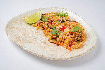 Colorful rice dish with lime and herbs, highlighting a delicious culinary creation