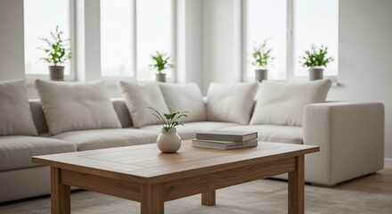 Fototapeta premium Serene Living Room Interior: Minimalist Design with Natural Light and Plants