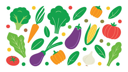A vibrant flat illustration of assorted colorful vegetables and green leaves food healthy