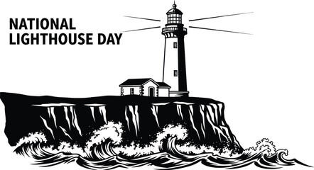 A black and vector illustration for national lighthouse day featuring a lighthouse a cliff overlooking the sea