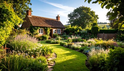 Idyllic cottage, lush garden.