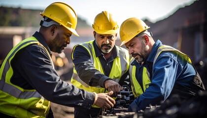 Diverse team of male industrial workers in hard hats and safety vests collaborating on a project at a construction site