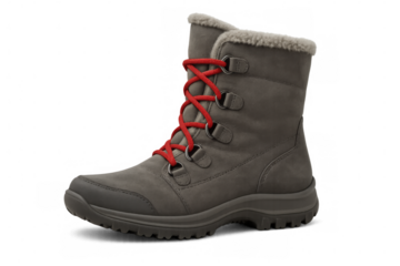 Gray winter boot with red laces on transparent background