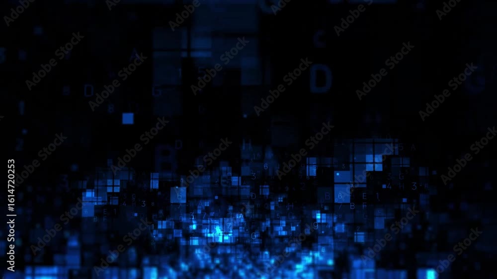 Sticker abstract digital matrix of blue neon squares and numbers in a dark virtual space