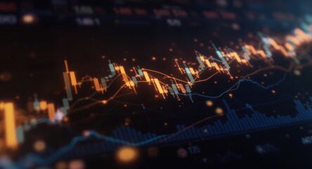 Dynamic Digital Financial Market Candlestick Chart with Glowing Data Points