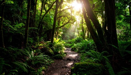 Fototapeta premium Sunlight filters through a lush tropical forest path