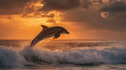Obraz premium A dolphin leaps gracefully above ocean waves during a golden sunset, with dramatic clouds lighting up the sky.