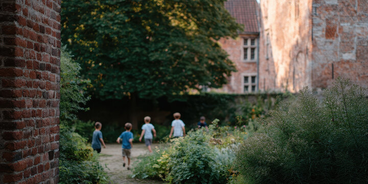 Children playing in lush garden near brick buildings, evoking sense of adventure
