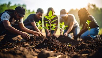 Diverse community of volunteers planting a new sapling together. Concept of environmental conservation, teamwork, and growth.
