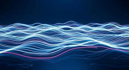 Abstract futuristic background with flowing blue light trails forming digital waves, symbolizing data streaming and network technology.