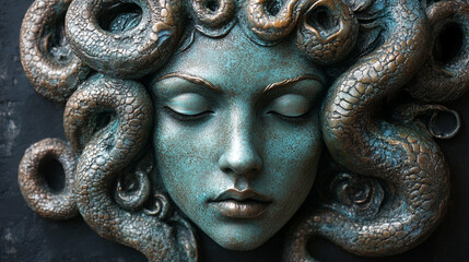 Medusa face sculpture, dark background, art piece, serene expression