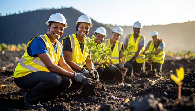 Happy team of diverse volunteers in safety gear planting tree saplings for a community reforestation project