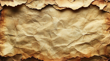 Burnt crumpled paper edges on dark background, copy space