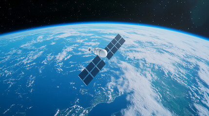 Obraz premium A satellite orbits Earth above the clouds, set against the backdrop of space and stars.