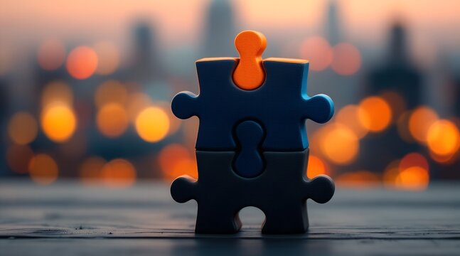 Two interlocking puzzle pieces with city lights - Powered by Adobe