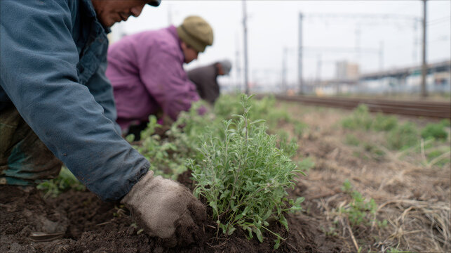 Volunteers planting greenery along railway tracks in documentary style